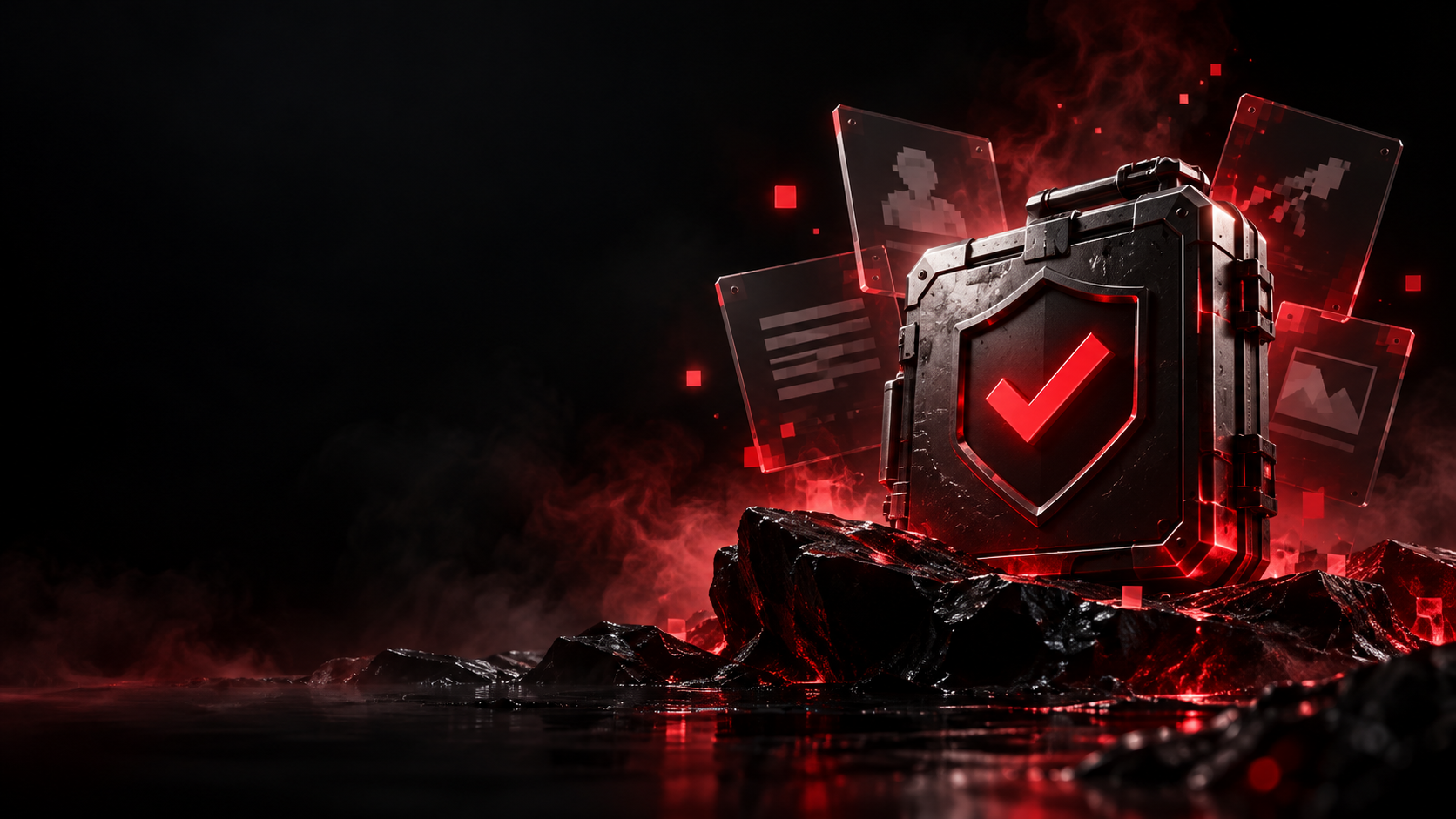 Cinematic red and black BloxBan case shield surrounded by evidence cards